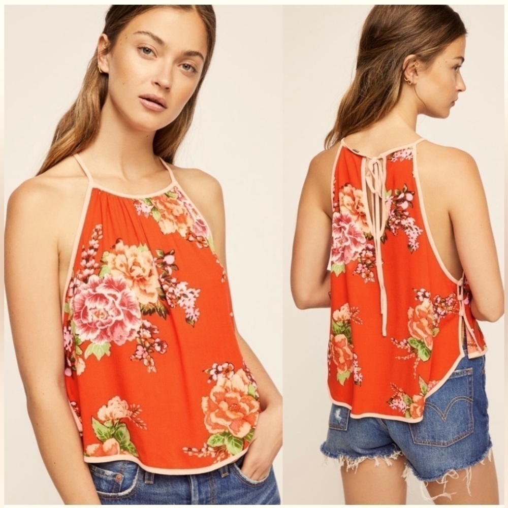 Free People Women’s Orange Floral Halter Crop Top Size Small EUC